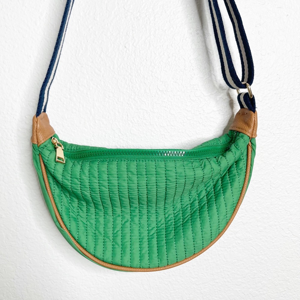 Shiraleah Green Quilted Nylon‎ Crescent Crossbody Bag Striped Guitar Strap Gold